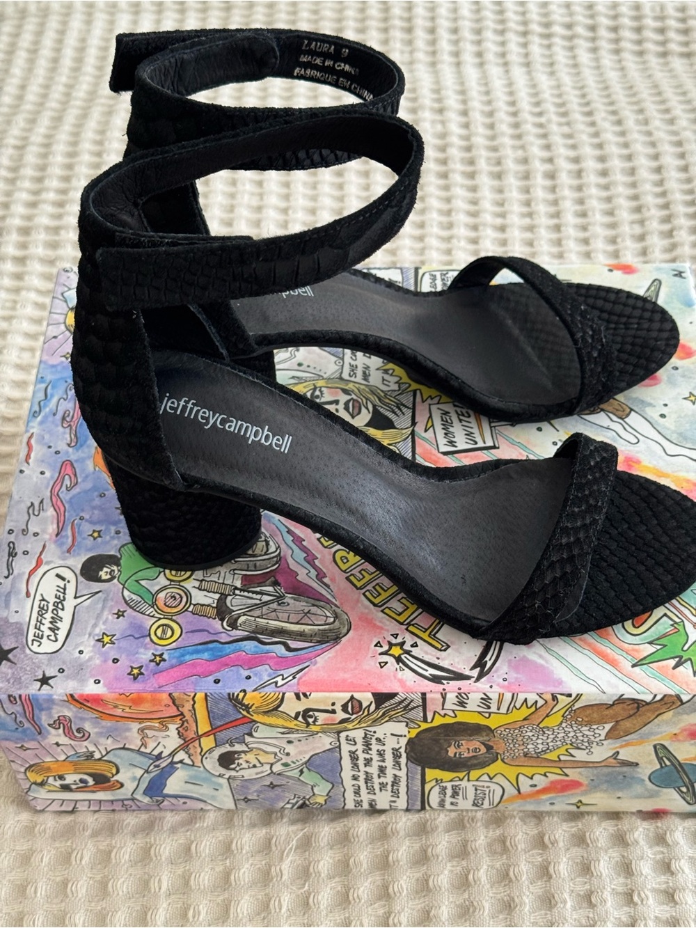 Jeffrey Campbell Laura Black Suede Snakeskin Ankle-Strap Block Heel Sandals